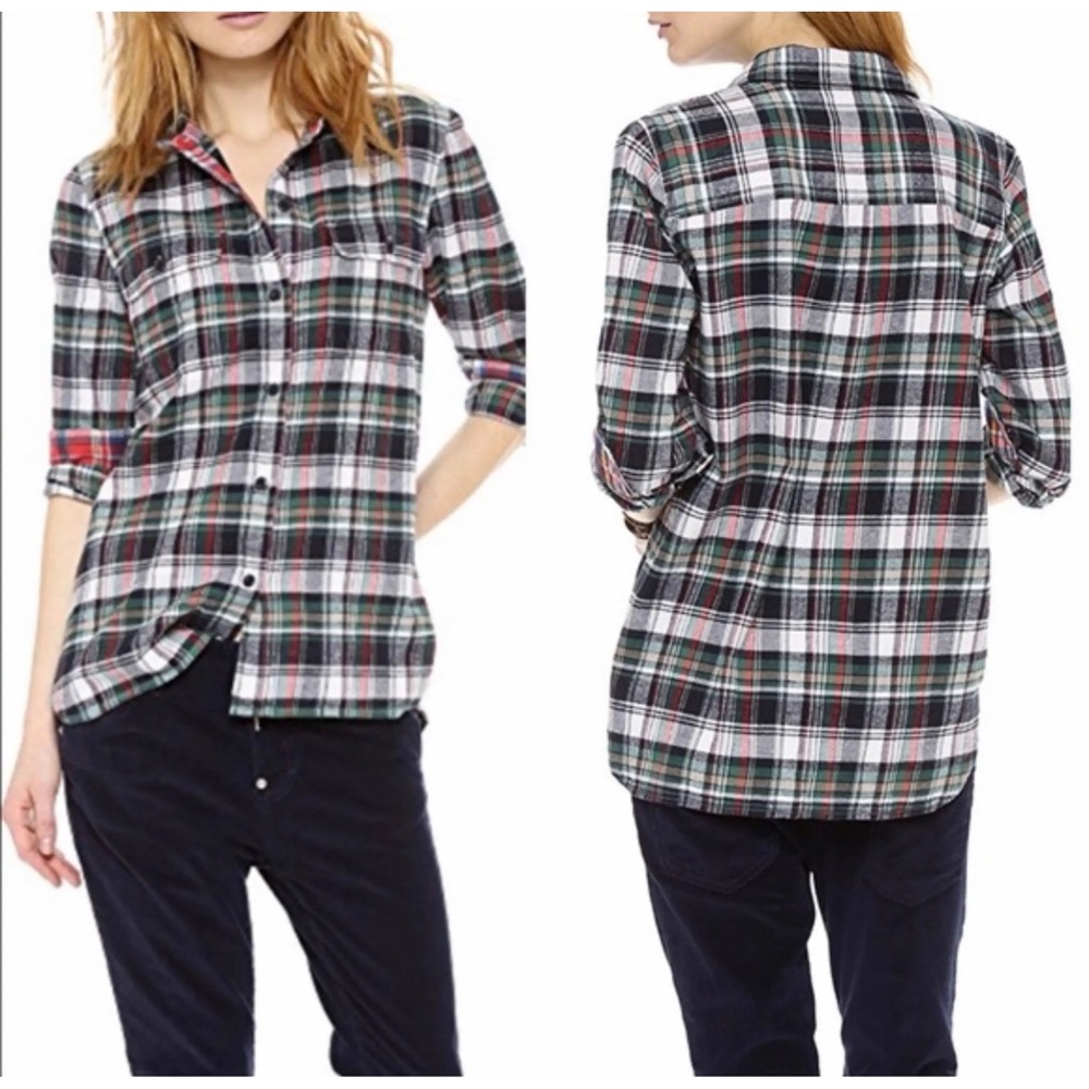 Madewell Ex-Boyfriend Plaid Flannel Button Down Shirt, SMALL Green Red Cotton